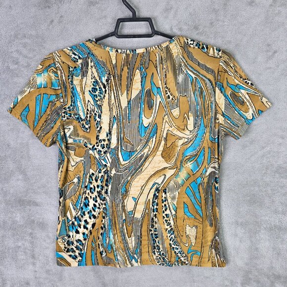 Womens Nygard Beige & Teal Abstract Blouse Short Sleeve V Neck Polyester Size M - Picture 4 of 7